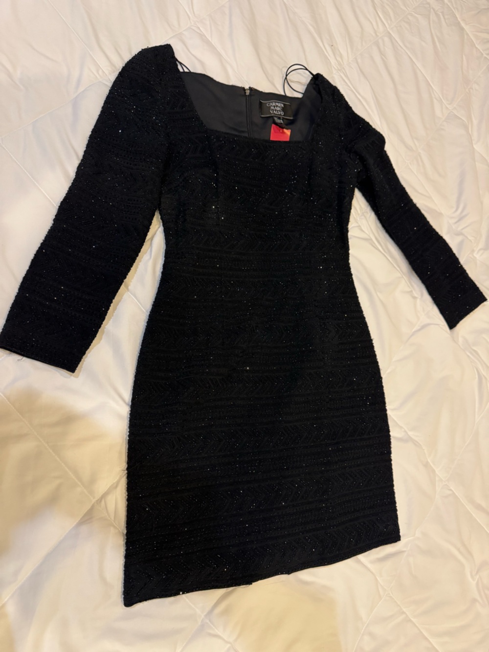 Carmen Marc Valvo Black Sparkle Square-Neck Long-Sleeve Dress